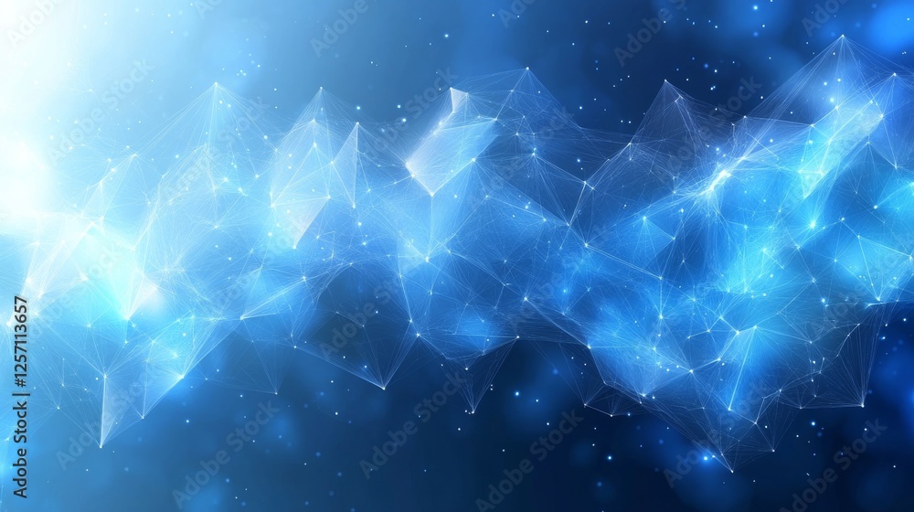 Poster Abstract Geometric Network: A Complex Interconnected Web of Lines and Triangles with Bokeh Effects in a Gradient Blue and White Color Palette