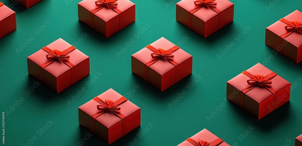 Poster red gift boxes pattern on green background 3d rendering