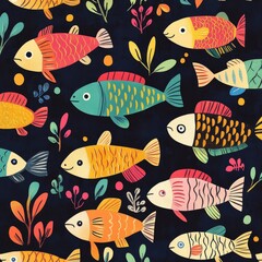 Fototapeta premium Colorful folk art painting of modern fish patterns for decoration bright underwater scene abstract design