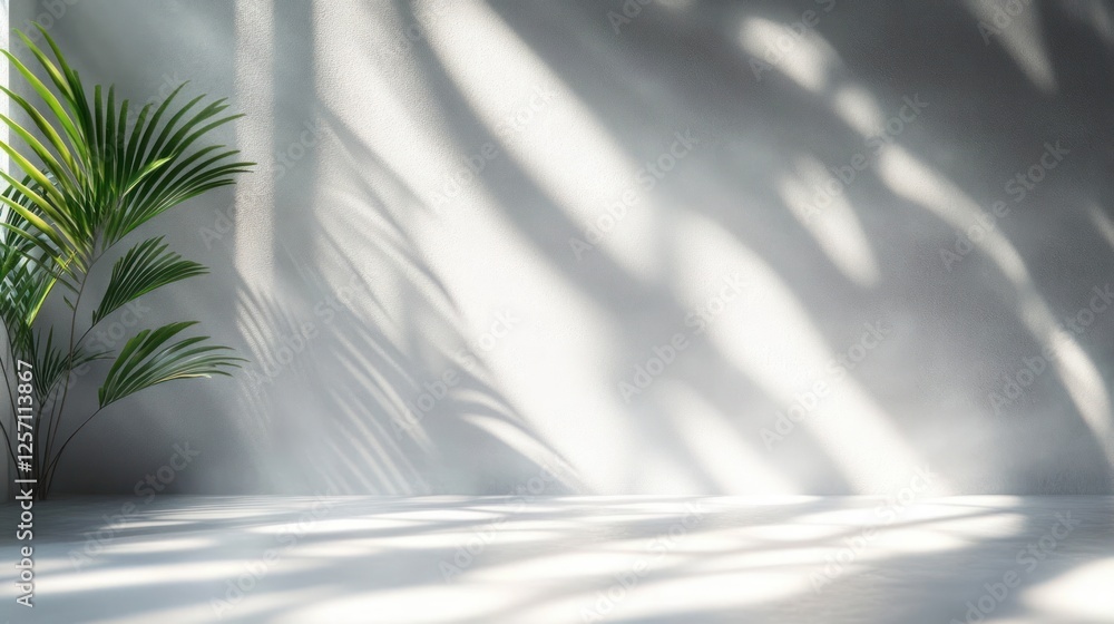 Poster minimalist interior scene with soft shadows and palm leaves for product display