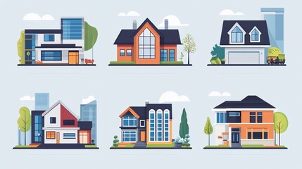 Diverse collection of houses with unique designs and architectural styles set against a light background