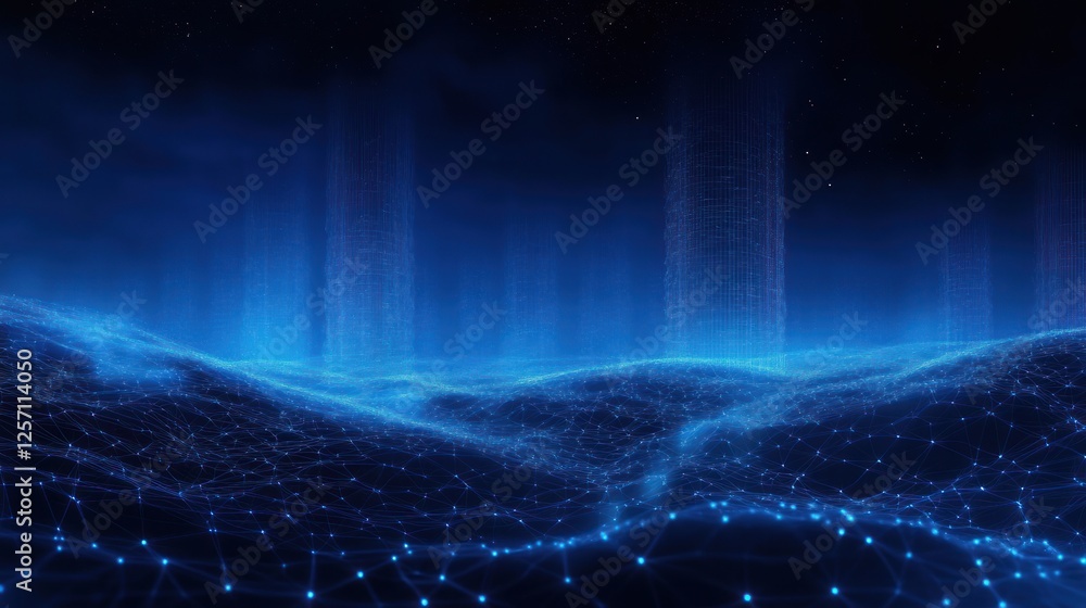 Aufkleber Futuristic Abstract Blue Wave Network Visualization with Glowing Particles and Cyberpunk Aesthetics