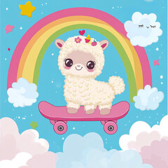 Cartoon alpaca rides a skateboard with a colorful rainbow.