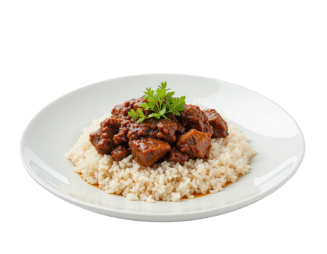 Rice with beef rendang served on a ceramic plate. Indonesian food. Isolated on a transparent or white background