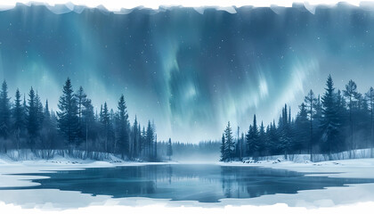 Illustration Winter Wonderland Aurora Borealis Night Sky Snowy Landscape
