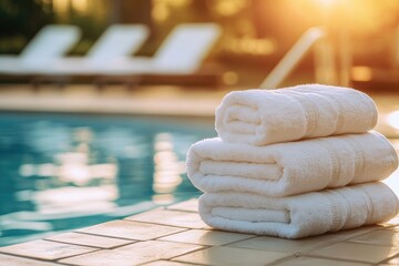 Stack of fresh white towels by a poolside at sunset