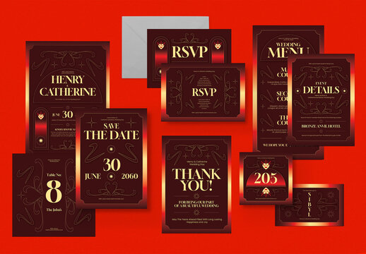 Maroon Contemporary Nouveau Wedding Invitation Set