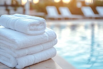 Stack of fresh white towels by a poolside at sunset