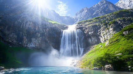Fototapeta premium Majestic Mountain Waterfall Cascading into a Crystal Clear Lake