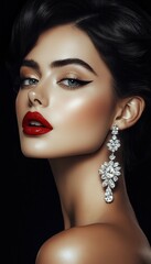 A woman with dark hair and red lipstick wearing glamorous diamond earrings.