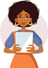 Happy Woman Holding a PC Tablet Working in Office Vector Character. Office employee holding a communication device and smiling 
