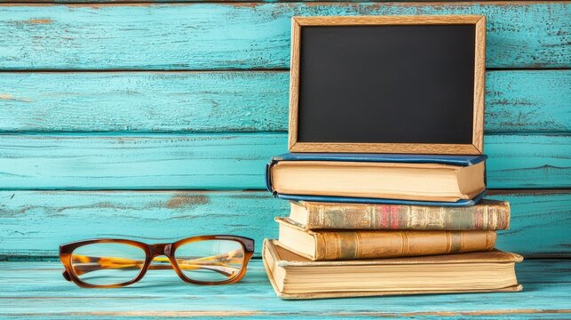Stack of vintage books beside reading glasses and a small chalkboard on a wooden table