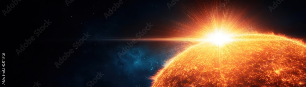 Poster Bright sun shining in the vastness of outer space with dark background and stars visible