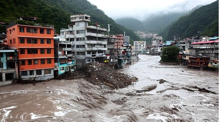 Devastating Floodwaters Submerge Buildings in Mountainous Region