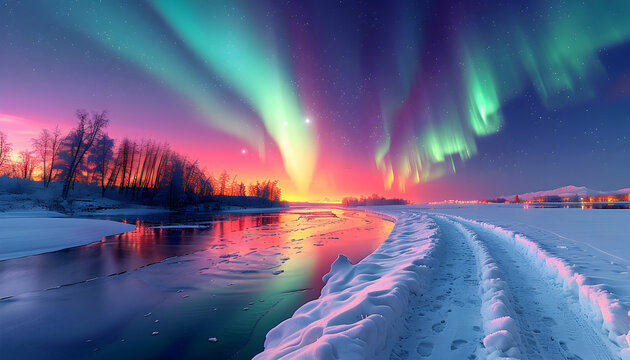 Photo - Aurora Borealis Winter Landscape River Snow Sunset Trees