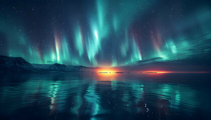Obraz premium Aurora Borealis Background Image - Night Sky, Ocean, Mountains, Sunset Reflection