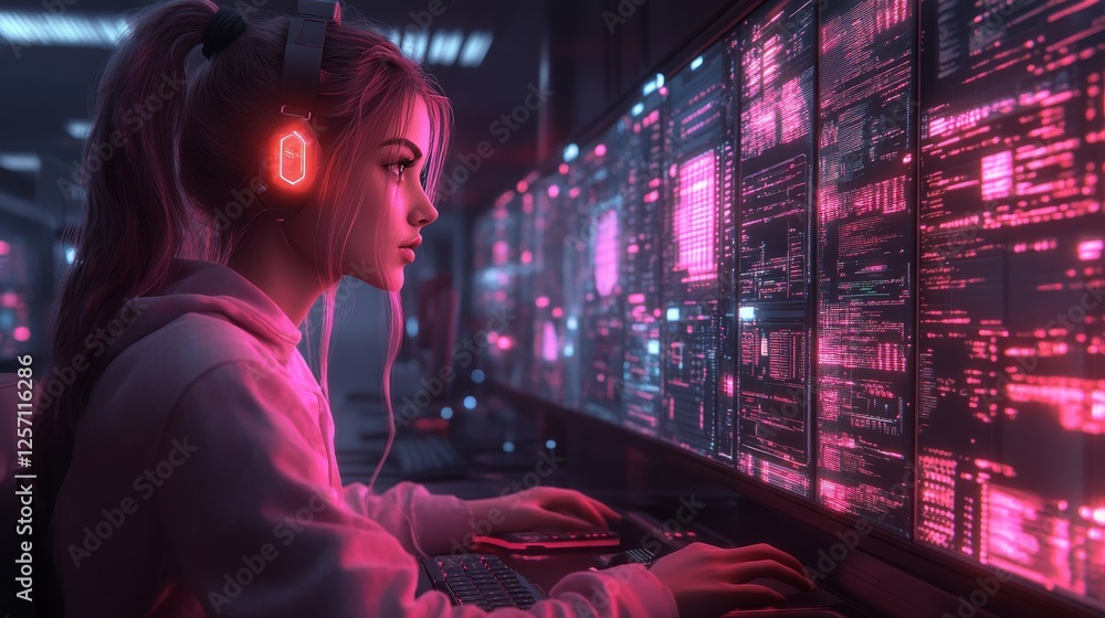 Aufkleber A Gamer Girl immersed in a Futuristic Cyberpunk World, illuminated by neon-pink coding screens while wearing glowing headphones, typing with determination on a RGB keyboard.