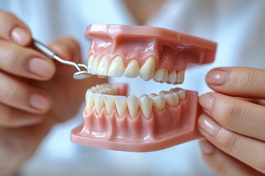dental bridge implant technology demonstration using close-up view of human tooth model in clinical setting with hands showing prosthetic dental care