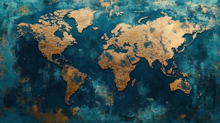 Gold world map on teal grunge texture.