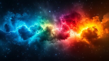 Abstract cosmic landscape featuring vibrant colors and lightning in a starry night sky