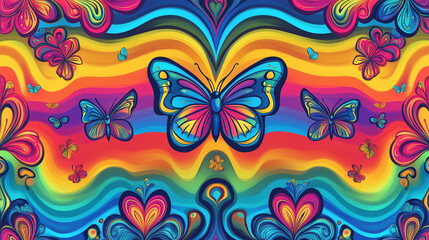 Groovy Colorful Pattern with Hearts, Flowers, and Butterflies – Vibrant Rainbow-Inspired Design Featuring Wavy Lines, Retro Aesthetic, and Playful Elements for Creative Projects and Backgrounds