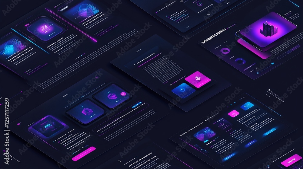 Poster dark mode interface mockup with neon accents for app design and website presentation
