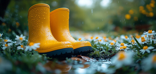 yellow rubber garden boots on the lawn.