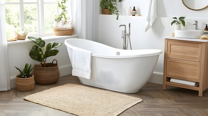 Modern Bathroom Interior Design Freestanding Tub Natural Decor and Wooden Vanity