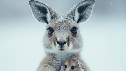 Fototapeta premium A mother kangaroo with her joey in a snowy landscape, showcasing a serene winter scene