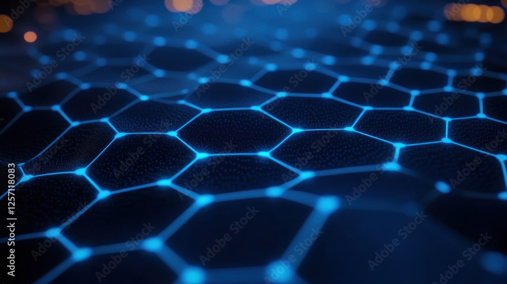Poster glowing blue hexagonal lattice structure ambient minimalist digital art