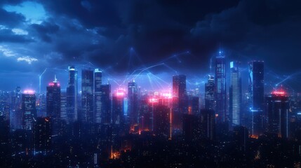 Fototapeta premium Futuristic Smart City with Wireless Communication and Digital Connectivity in a Cyberpunk World