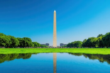 Washington monument reflection in water at sunset with clear sky and surrounding trees