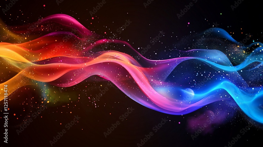 Poster abstract multicolored light waves with particle effects on black background graphic