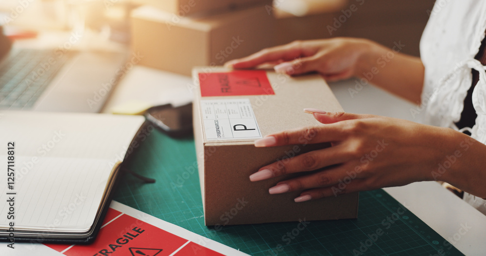 Poster hands, woman and package for fragile sticker of distribution, order invoice and shipping information