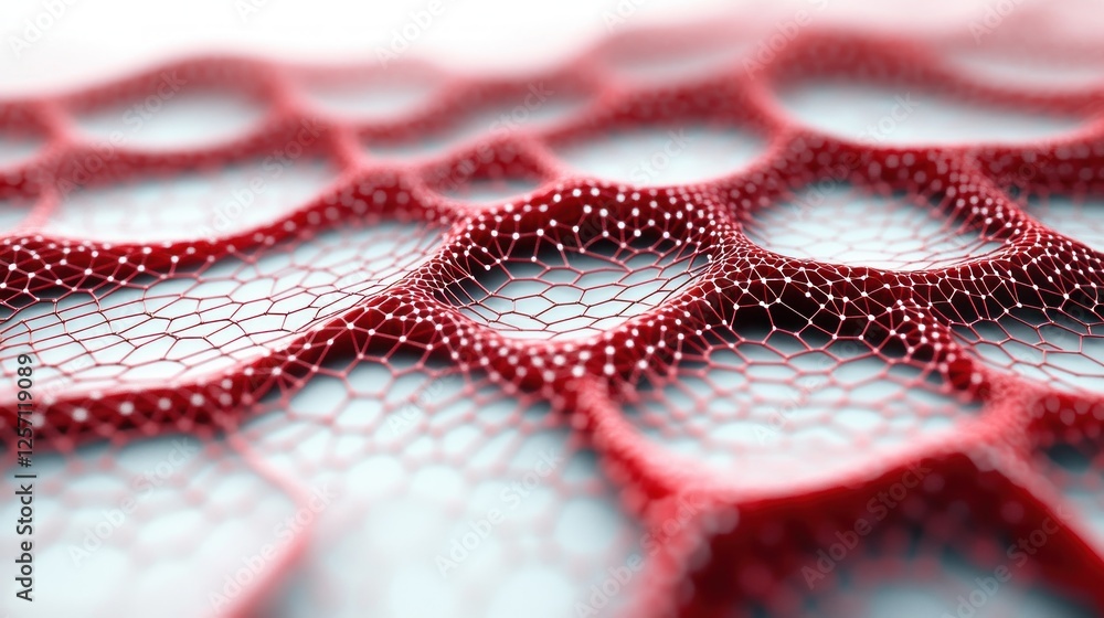 Poster minimalist hexagonal mesh structure with red nodes and soft ambient lighting