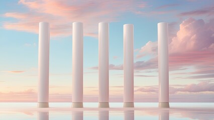 1. **3-Level White Cylindrical Podium for Product Display Against a Sky Blue and Cloud Background.**