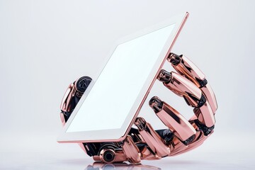 A sleek white tablet tilted forward by a sophisticated rose-gold robotic claw on a polished surface.