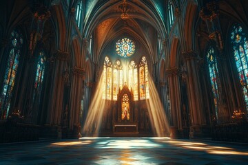 Fototapeta premium Sunbeams in Gothic Cathedral Interior