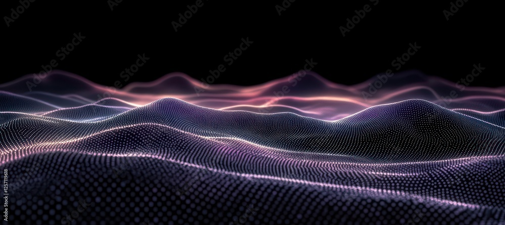 Poster dynamic abstract wave of glowing particles flowing in a surreal landscape with high contrast lightin