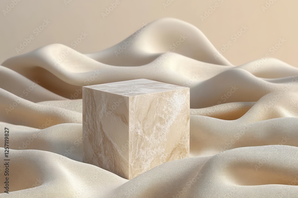 Poster minimalist still life with marble cube on beige fabric for product display