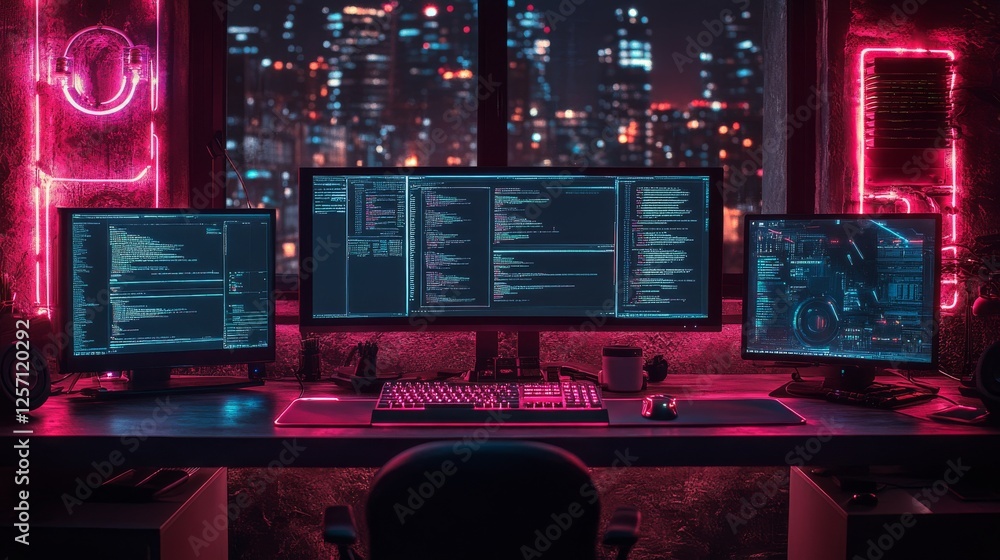 Aufkleber cyberpunk developer's desk: coding in the neon night, illuminated monitors displaying complex code, 