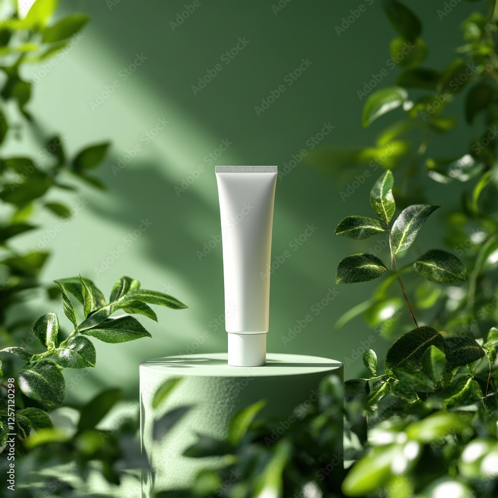 Poster minimalist cream tube display on circular platform with green background and leaves