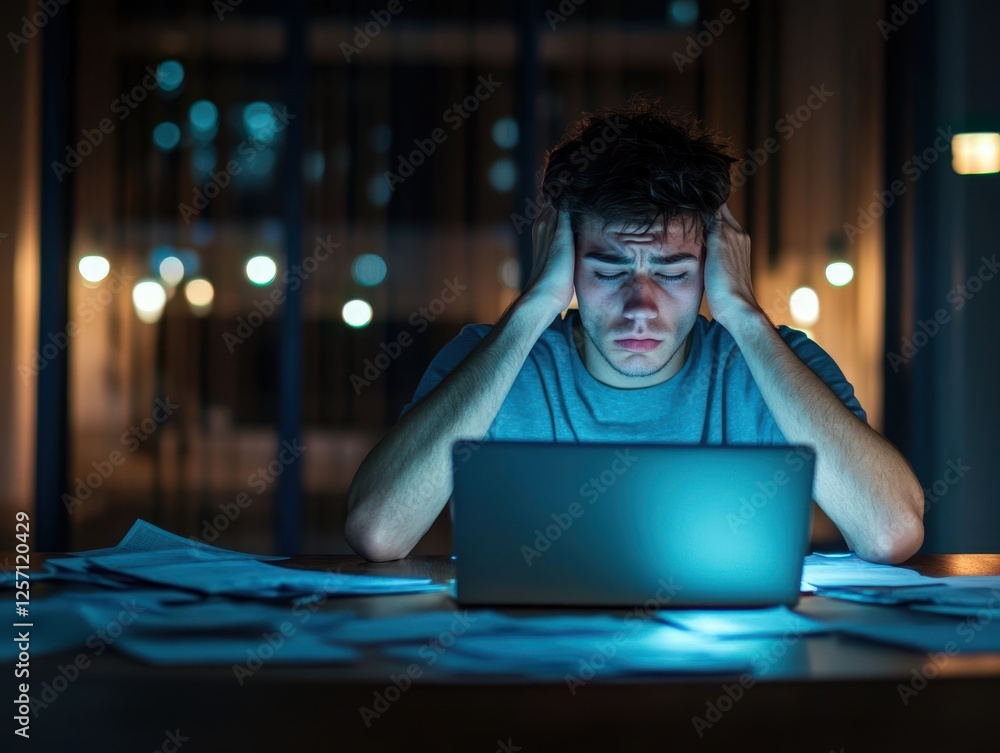 Aufkleber Man sitting at a table working on a laptop in a modern indoor setting with natural light