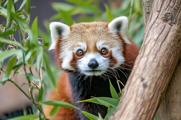 Naklejka premium Cute Red Panda Peeking Through Green Bamboo Leaves in Natural Habitat
