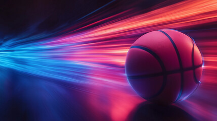 Fototapeta premium A high-speed basketball with motion blur, glowing red and blue lights, symbolizing energy, competition, and action. Perfect for sports, advertising, and dynamic designs.