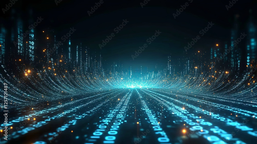 Poster digital landscape with flowing binary code creating a futuristic atmosphere at night