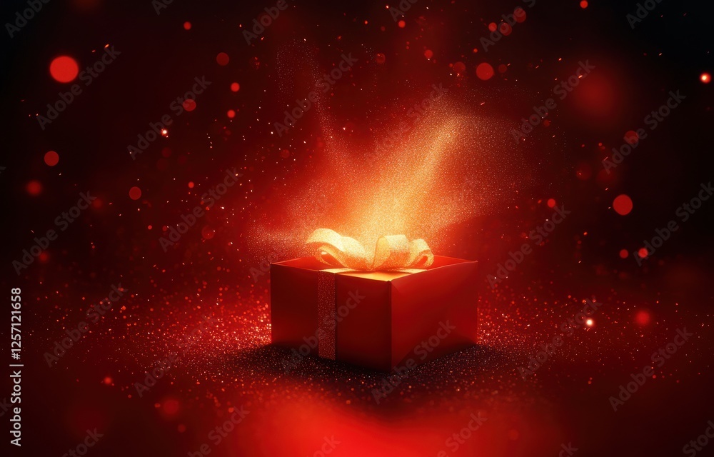 Aufkleber Illuminated Open Gift Box with Glowing Light on Red Background 3D Rendering