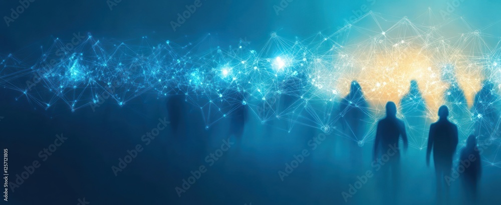 Poster network of interconnected users supporting teamwork and community in a digital futuristic space