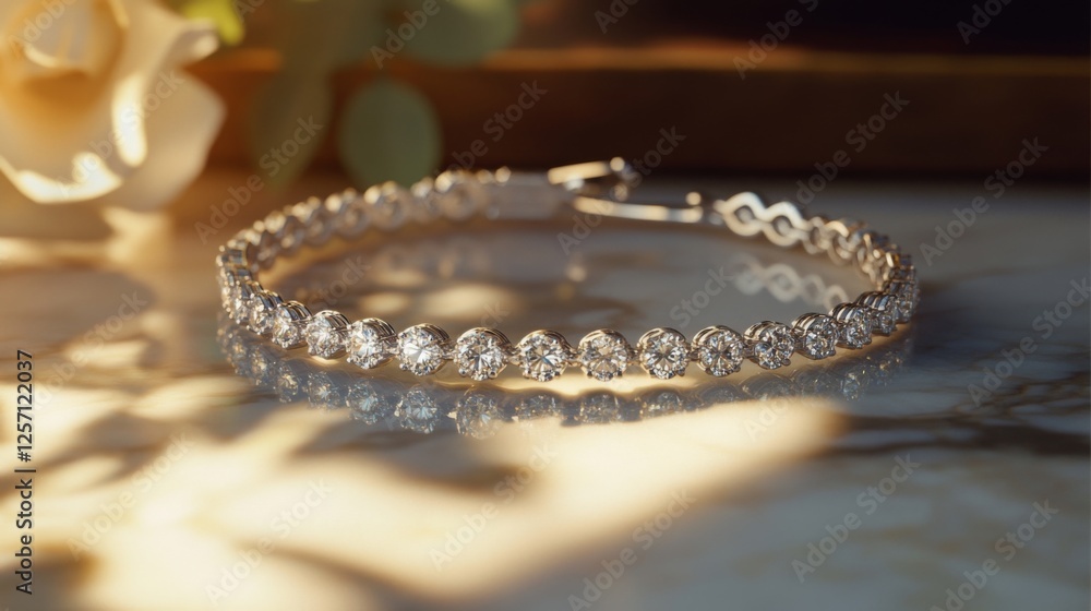 Poster An elegant diamond-studded bracelet resting on a marble countertop, showcasing the intricate details and the sparkle of each stone