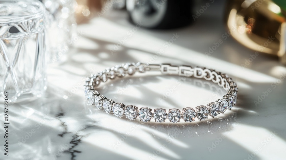 Poster An elegant diamond-studded bracelet resting on a marble countertop, showcasing the intricate details and the sparkle of each stone
